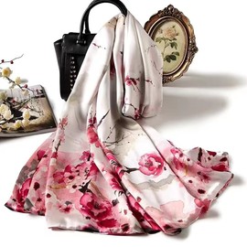 MEISEE 100% Mulberry Silk Long Scarf for Women Large Oblong Sunscreen Shawls Wraps Neck Headscarf Hair Wraps with Gift Packed (White+red flower-2)