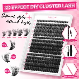Lash Clusters Kit 40D+60D+80D DIY Lash Extension Kit Individual Lashes Cluster Lash Bond and Seal and Remover Tweezers for Eyelash Extension at Home 3D Style (40D+60D+80D,8-16mix)