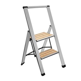 Sorfey Premium 2 Step Modern Bamboo Ladder. Lightweight,-Ultra Slim Profile, Anti Slip Steps, Sturdy-Portable for Home, Office, Kitchen, Photography Use, Silver Aluminum Finish