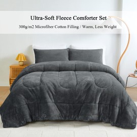 HCORA Faux Fur Queen Comforter Set - Ultra Cozy Warm Fluffy Plush Velvet Bed Comforter, 3 Piece Reversible Soft Fuzzy Fleece Bedding Comforter Sets for Winter, Non-Shedding (90"x90", Dark Grey)