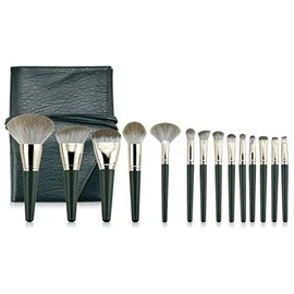 Brochas para Maquillaje FFlion Set Brochas para Maquillaje Profesional Pelo Natural para Maquillaje Brochas para sombra de Ojos y Rostro Regalo Ideal (14x, Green cloud)