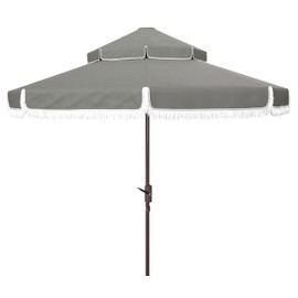 SAFAVIEH 9ft Outdoor Patio Umbrella, Round, Double Top, Milan Fringe, Grey & White, Crank, Button Tilt, UV Resistant for Deck, Backyard, Poolside (PAT8208B)