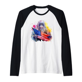 Bigfoot Watercolor Artwork American Flag 4th Of July Art USA Raglan Baseball Tee