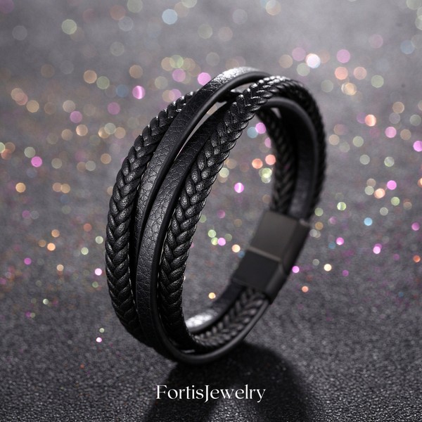 Multilayer Men's Leather Bracelet • Strength Empowerment Bracelet for Men • Magnetic Leather Bracelet for Men • Handmade Gift for Him