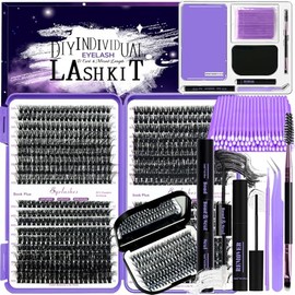 DNSGOOR DIY Fluffy Lash Extension Kit 804Pcs D Curl Individual Lash Clusters Eyelashes Extension Set with Mirror Lash Storage Box Lash Bond&Seal Glue Remover Tweezers Lash Brush Applicator