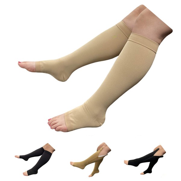HealthyNees Big Tall Open Toe 20-30 mmHg Compression Plus Wide Calf Leg Socks (Beige, S/M)