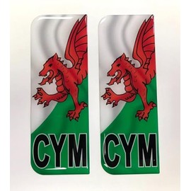Domed CYM Wales Flag Vehicle Number Plate Stickers - 39mm - HIGH GLOSS DOMED GEL