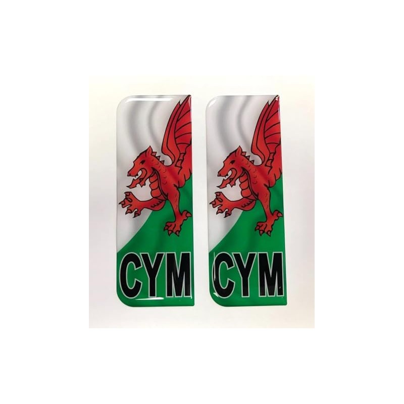 Domed CYM Wales Flag Vehicle Number Plate Stickers - 39mm