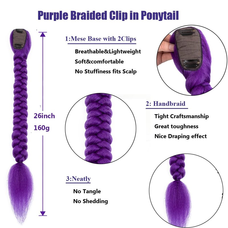 26inch Long Purple Braid Hair Ponytail Easy Clip In Purple