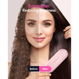 Wavytalk Hair Straightener Brush, Sleek Sweep Ionic Straightening Brush with 6 Temperature Adjust, Anti-Scald Ceramic Straightening Comb Fast Heating for Home Salon, Dual Voltage Pink.