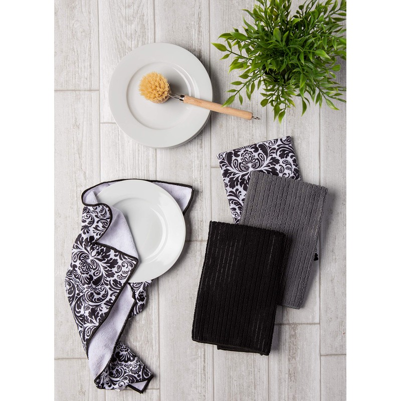 DII Cleaning Collection Multi-Purpose Microfiber, Black Damask, Dishtowel Set