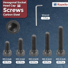 Kozelo 250pcs M3 Socket Head Cap Screws Bolts Nuts Assortment Kit - [M3x6/8/10/12/16mm] Alloy Steel Fully Threaded Black Oxide 12.9 Internal Hex Screw for 3D Printer Use, with Wrench