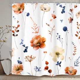 Omifly Watercolor Floral Shower Curtain 72Wx72H Inch Modern Minimalist Orange Blue Flower Spring Botanical Wildflower with 12 Plastic Hooks Fabric Waterproof Toilet Accessories Decor