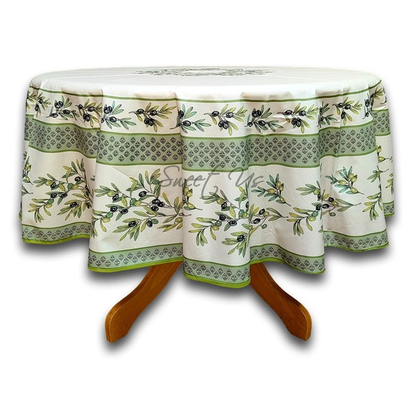 La Cigale Wipeable Tablecloth Spill Resistant Acrylic Coated Floral Cotton French Provencal Tablecloth Round 71 inches Green White Floral Oliviers