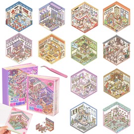 12 Sets Cute DIY 3D House Stickers, Fun Scene Make Sticker Cartoon House Stickers Scrapbooking Set for Adult Kids Scrapbooking Crafts Party Decorations Supplies