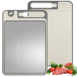 Chopping Board for Kitchen Double Sided Chopping Board Made of 304 Stainless Steel, Food Grade Stainless Steel and Wheat Straw PP, Non-Toxic, Non-Slip, Easy to Clean