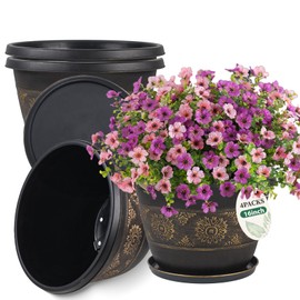 Usocik 4 Pack 16 inch Plant Pots, Retro Pattern Planters with Drainage Holes and Saucer, Sturdy Plastic Garden Flower Pots for Indoor & Outdoor Plants