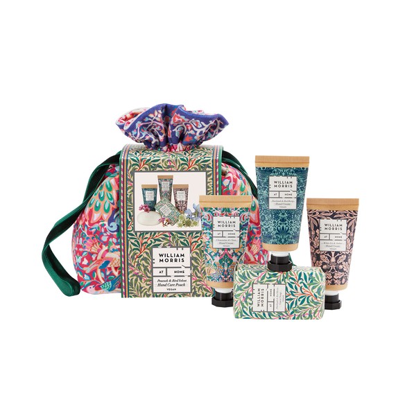 William Morris At Home Peacock-Velvet Hand Care Pouch (Assorted Hand Creams 3x30ml, Guest Soap 50g) - Luxurious Velvet Pouch with Nourishing Hand Creams and Guest Soap! Travel-Friendly, Gift Set
