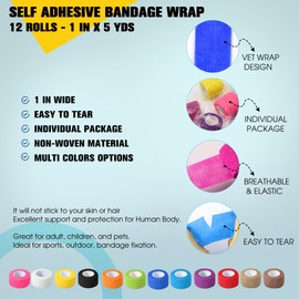 12 Pack Self Adhesive Bandage Wrap, 1 in x 5 Yards Non-Woven Self Adherent Cohesive Bandage, Vet Wrap Wound Tape for Thumb Finger Wrist Knee Ankle, Mix Colors