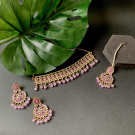 I Jewels Gold Plated Unique Design Multi layer Statement Handmade Choker Necklace Jewellery & Jhumka Earring Set For Women (Purple)