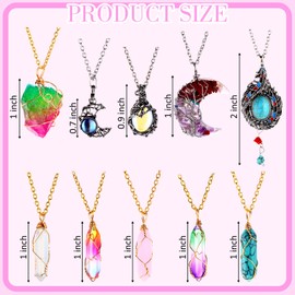 10 Pieces Hexagonal Crystal Pendant Necklace, Natural Quartz Stone Pendant Necklace, Healing Crystal Full Wire Wrap Gemstone Necklace for Women (Fresh Color,Cool)