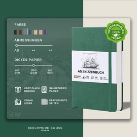 BEECHMORE BOOKS Sketchbook A5 5.8 x 8.3 Inch Blank Sketchbook for Drawing, Painting and Drawing, 156 Pages Thick Paper, 160 GSM Hardcover Leather Art Notebook, Packed for Gifts