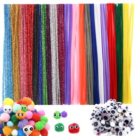 TOAOB 100 Stück Pfeifenreiniger Chenilledraht 250 Stück Selbstklebend Wackelaugen 150 Stück Mini Pompons für Handwerk DIY Kunstbedarf