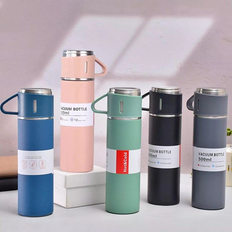 Vaccum Flask Termo 500ml, 3 Tazas, Acero Inoxidable 12 Hras