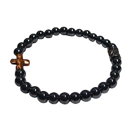 Faith Based Stretchy Hematite Beaded Bracelet with Bronze Cross