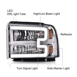 G-PLUS LED DRL Headlight Assembly Compatible with Ford F250 F350 F450 F550 Super Duty 05-07 /Fit Ford Excursion 05 HeadLamps LH & RH Clear lens Chrome Housing White Reflector FO2503217 ‎6C3Z13008CB