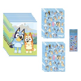 Bluey Birthday Party Supplies Bundle includes 8 Loot Bags, 8 Bluey Sticker Sheets with 184 Stickers, 1 Dinosaur Sticker Sheet