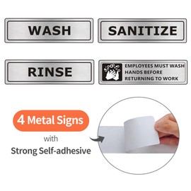 (4 PACK) Wash Rinse Sanitize Sink Labels Signs Stickers with Employees Must Wash Hands Sign, Self-adhesive Waterproof Aluminum Metal Sign for Restaurant Kitchen Sinks (7x2 inch, Brushed Nickel/Black)
