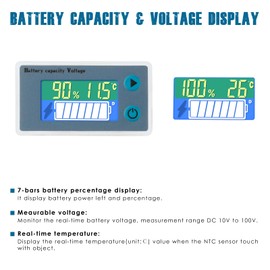 Runleader 10 to 100V Digital Battery Indicator Volt Meter,Low Voltage Alarm,Real-time Temp Display,Applicable to Lead Acid Lithium LiFePO4 Battery Powered Lawn Mower Golf Cart Forklift Motorhome etc.