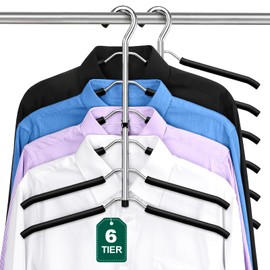 DOIOWN Clothes Hangers Space Saving: 6 Tier Coat Hanger Space Saving Hangers Non Slip Foam Padded Hanger, 3 Pack Black Metal Sweater T Shirt Hangers for Men Women, Closet Organizers and Storage