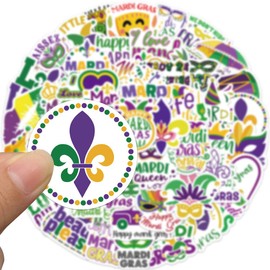 50 Pack Mardi Gras Stickers Water Bottles Laptop Car Hydroflasks Phone Guitar Skateboard Computer Carnival Shopping Vinyl Sticker Waterproof Aesthetic Trendy Decals for Teens Boys Girls Adults
