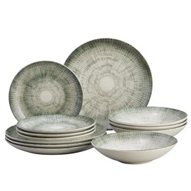 Corona 12-Piece Textured Modern Textured Finish Ceramic Dinnerware Sets, Plates and Bowls, Service For 4, Microwave and Dishwasher Safe, Elara