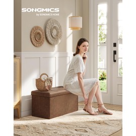 SONGMICS MAZIE Collection - 30 Inches Folding Storage Ottoman Bench, Ottoman with Storage, End of Bed Bench, Load 660 lb, for Living Room, Bedroom, Entryway, Synthetic Leather, Coffee Brown ULSF040K11