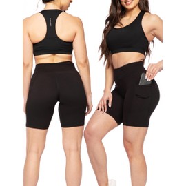 SATINA Women’s Biker Yoga Shorts – 8-Inch High Waist with Pockets, Buttery Soft Peach Skin Fabric – Stretchy, Moisture-Wicking, Tummy Control Activewear – Black, Medium – Regular & Plus Sizes