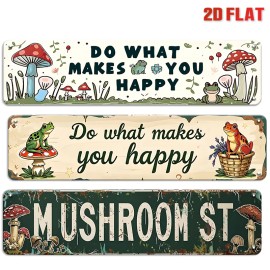 Whimsical Mushroom & Frog Metal Signs Set Retro Cottagecore Wall Art for Happy Home DecorColor: C817(3PCS), Size: 10*40cm