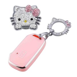Pangpai Pink Car Accessories 3 Pcs for Kia Cerato Ceed Forte NIRO Sorento Seltos Sportage Soul Telluride Key Fob Cover with Bling Keychain Cute Push to Start Button Cover