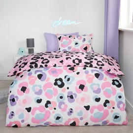 OHS Leopard Print Double Duvet Set, Reversible Kids Duvet Covers Set Double Bedding for Girls Boys Quilt Covers with Pillowcase Ultra Soft Comfy, Pink/White