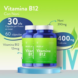 Vitamina B12 y Noni en polvo con 60 Cápsulas de 400mg | 2 meses de rendimiento | 100% Natural, Vegano y Sin gluten | Pack 2 frascos con 30 capsulas cada uno | Suplemento Alimenticio | LIV NUTRITION
