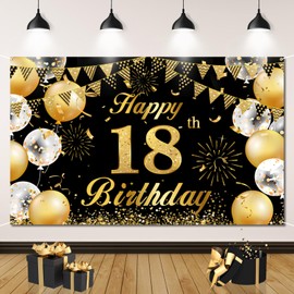 18th Birthday Banner Decoration 18th Birthday Boy Black Gold Birthday Banner 18 Girl Birthday Decoration Extra Large Birthday Background Banner, for 18th Party Birthday Decoration