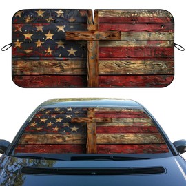 Vintage American Flag Car Windshield Sun Shade Wooden Cross Heatshield Front Window Car Sun ​Shade Windshield Blocks UV Rays Sun Visor Protector for Car Sedan Truck SUV Accessories 59" L x 31.5" W