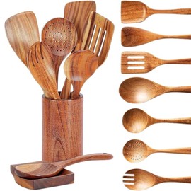 9-Piece Natural Teak Wood Kitchen Utensil Set with Spoon Rest – Nonstick-Friendly Cooking Spoons & Spatulas with Holder