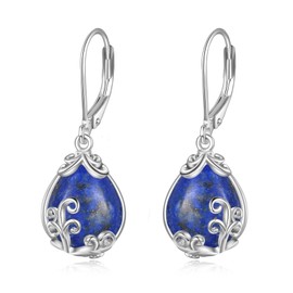 POPLYKE Filigree Gemstone Drop Earrings Sterling Silver Crystal Earrings with Cap Jewellery for Women, Sterling Silver, Lapis Lazuli