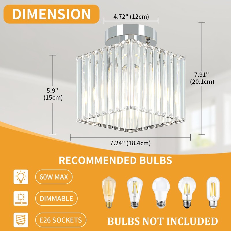 GZBEINI 2-Pack Crystal Semi Flush Mount Ceiling Light, Modern Chrome