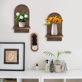 Gachiwar Pack of 2 Boho Wooden Wall Shelves, Bohemian Wall Decoration for Children's Room, Living Room & Bedroom, Plant Stand in Natural Design (Boho Style)