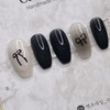 Ribbon Black Cheek Nail Handmade Nail Tip - Square / 리본 블랙 치크네일 수제네일팁 - 스퀘어