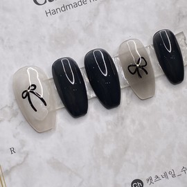 Ribbon Black Cheek Nail Handmade Nail Tip - Square / 리본 블랙 치크네일 수제네일팁 - 스퀘어